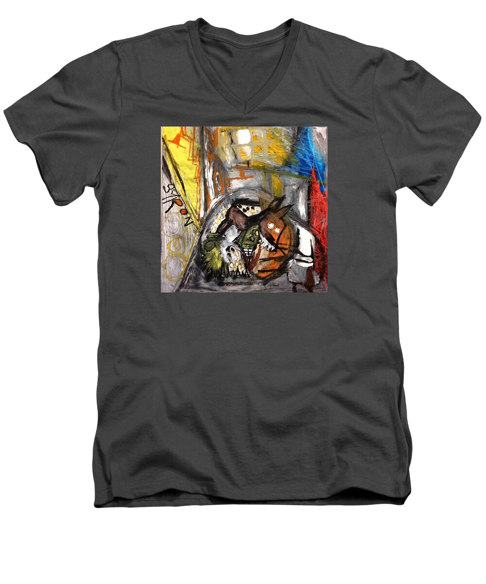 Basquiat Men's V-Neck T-Shirt featuring the drawing Dogs Dinner by Helen Syron