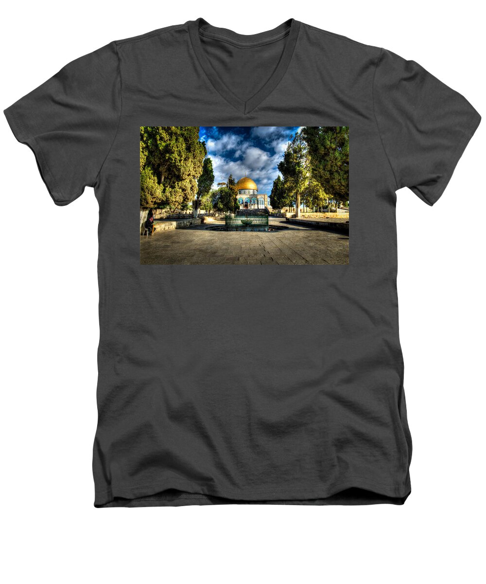 Dome Of The Rock Men's V-Neck T-Shirt featuring the photograph Dome of the Rock HDR by David Morefield