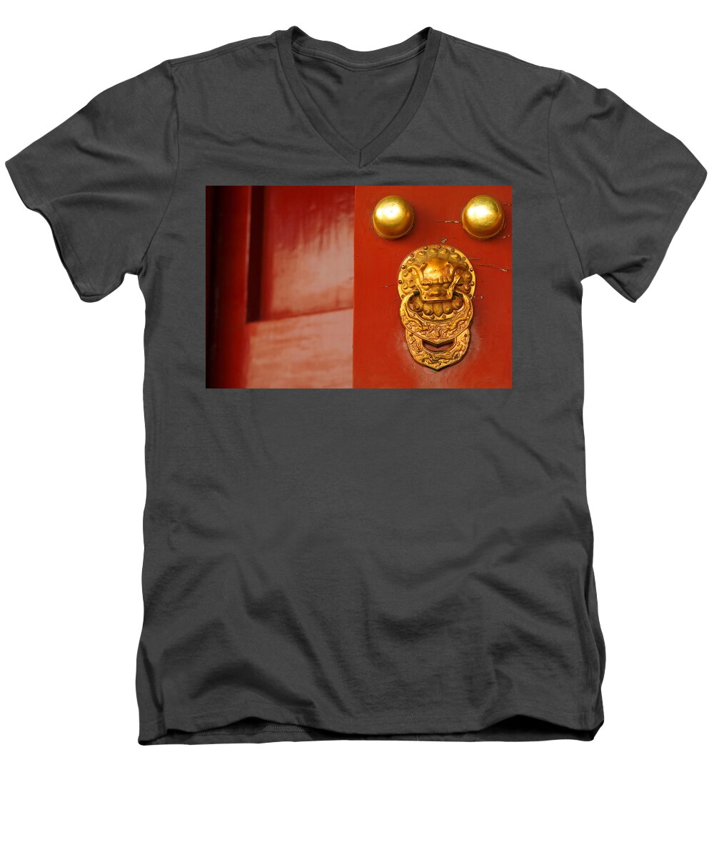 China Men's V-Neck T-Shirt featuring the photograph Door Handle by Sebastian Musial