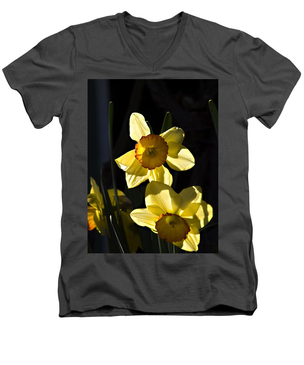 Daffodils Men's V-Neck T-Shirt featuring the photograph Dos Daffs by Joe Schofield