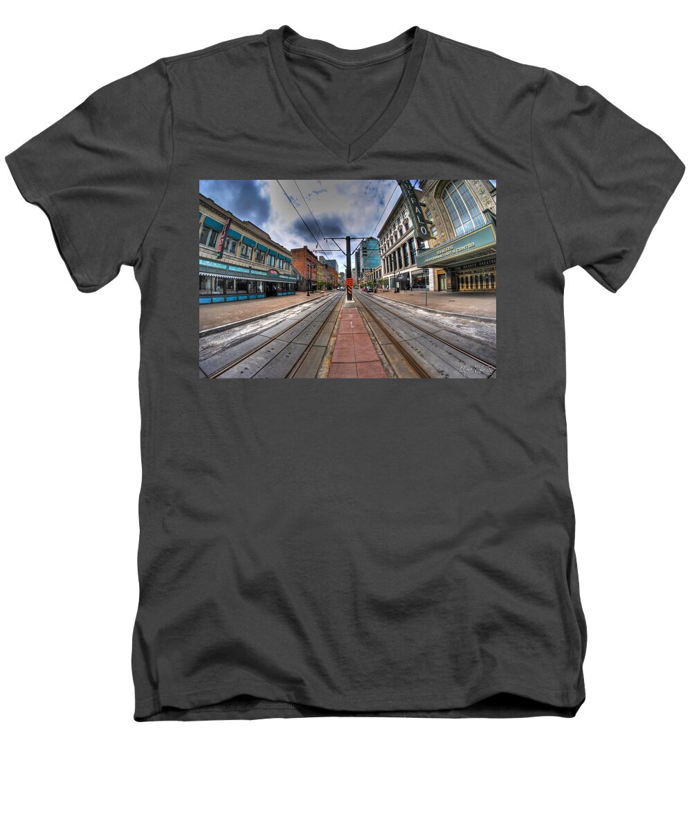 Downtown Men's V-Neck T-Shirt featuring the photograph Downtown Buffalo Main St v2 by Michael Frank Jr