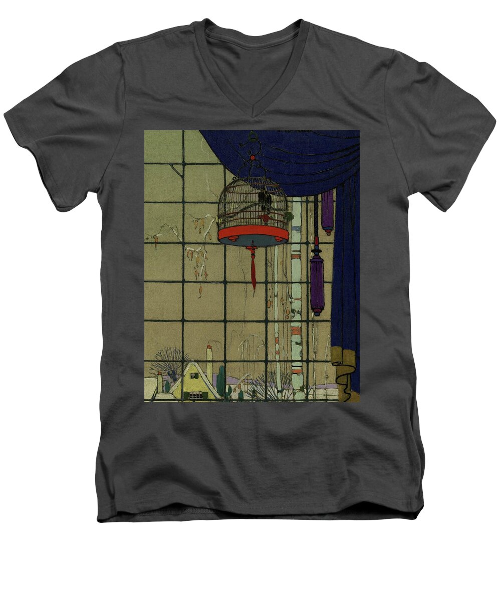 Animal Men's V-Neck T-Shirt featuring the digital art Drawing Of A Bid In A Cage In Front Of A Window by H. George Brandt