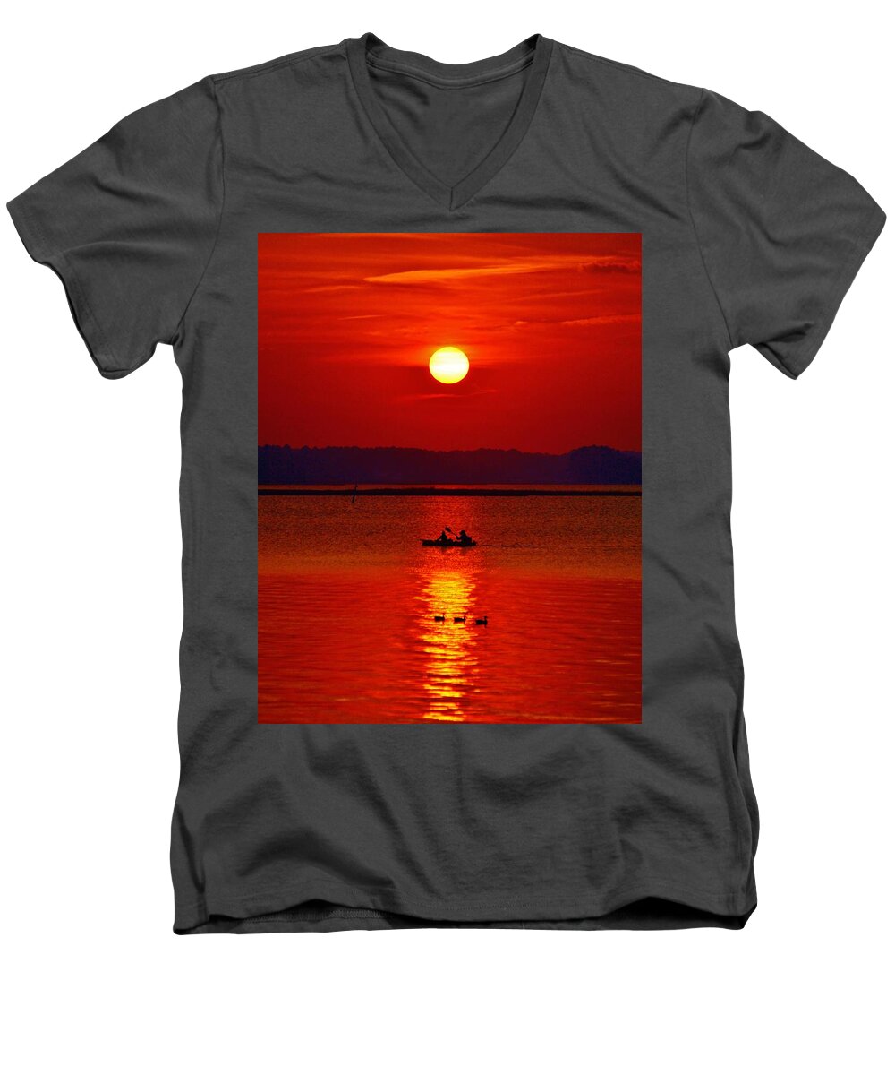 Beachbumpics Men's V-Neck T-Shirt featuring the photograph Ducks and a Kayak - Sunset Photo by Billy Beck