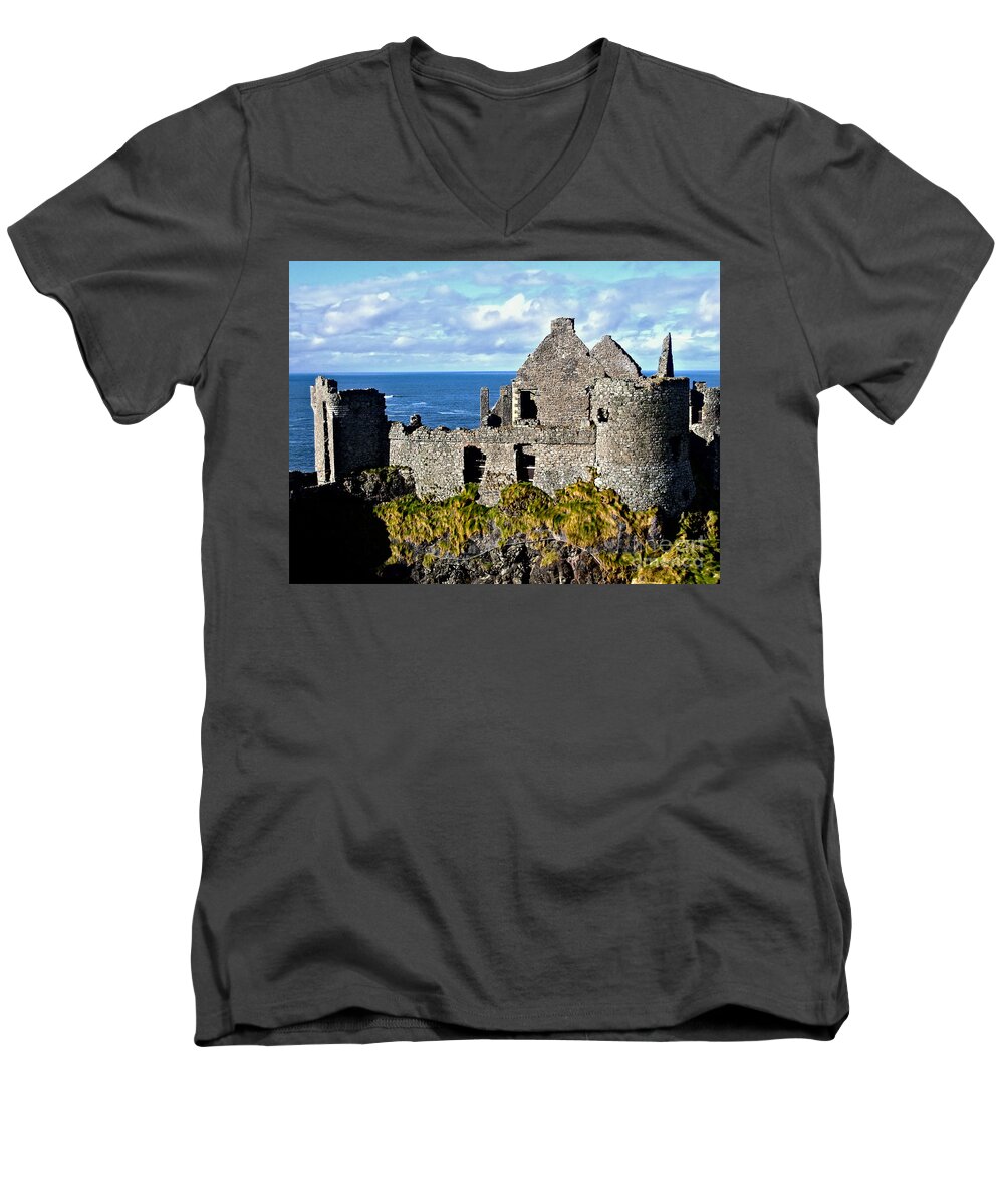 Dunluce Men's V-Neck T-Shirt featuring the photograph Dunluce Castle by Nina Ficur Feenan