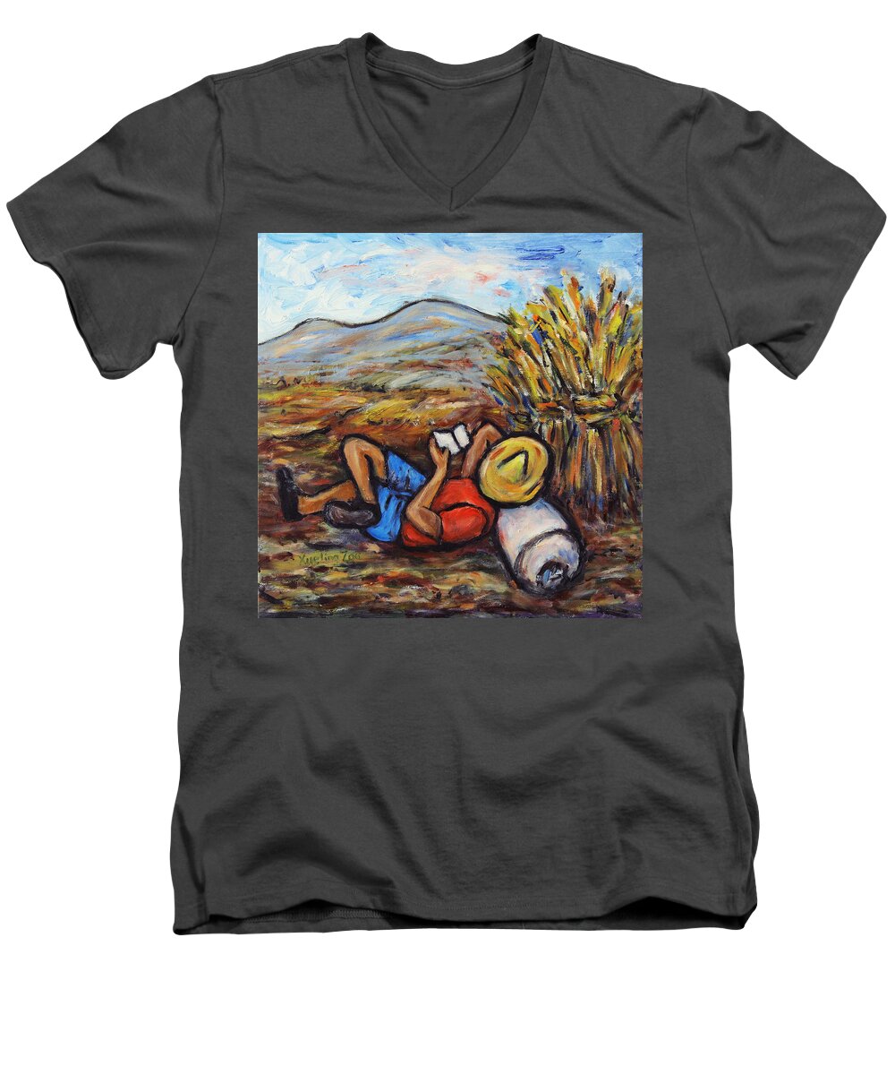Reading Men's V-Neck T-Shirt featuring the painting During the Break by Xueling Zou
