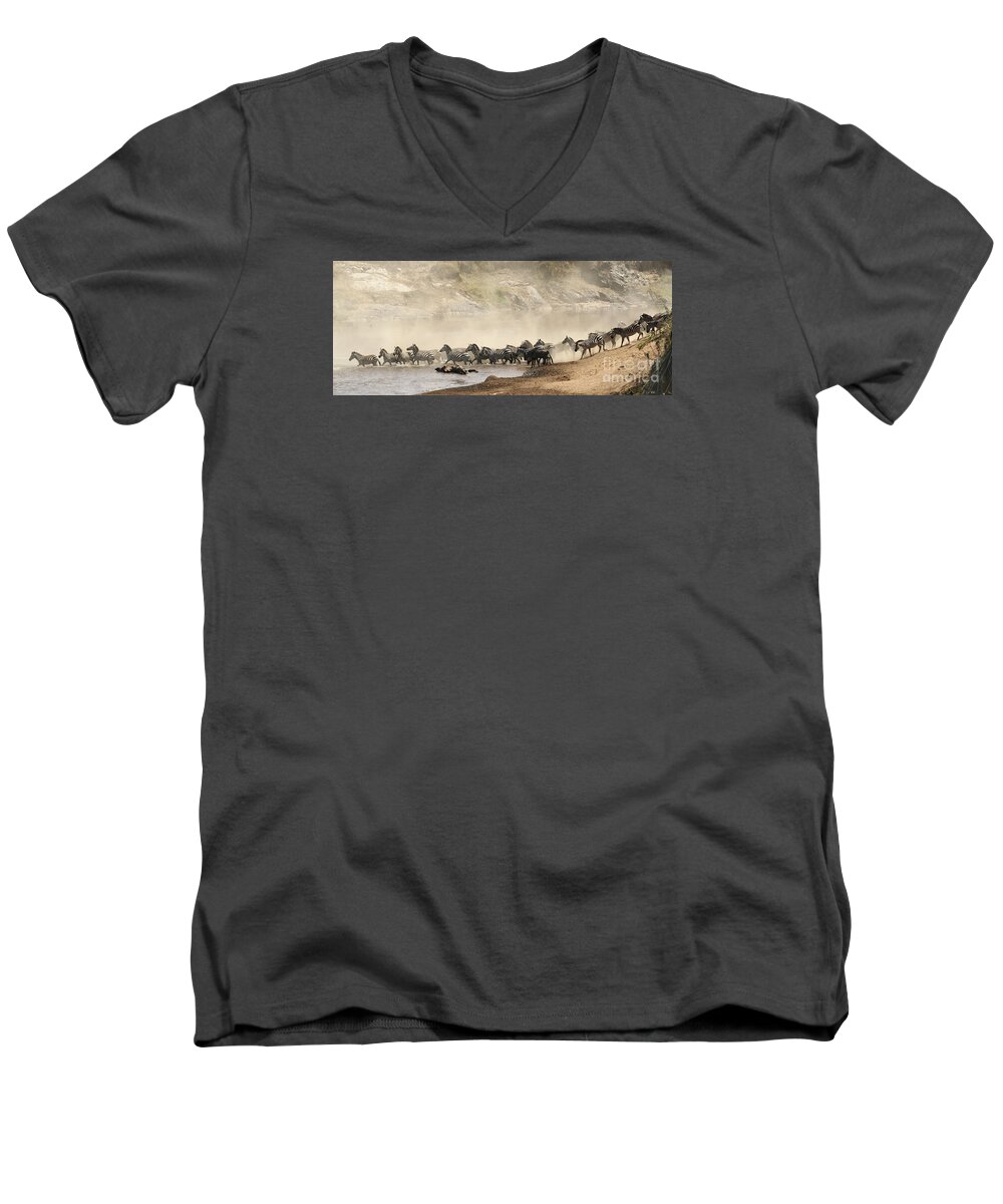 Herd Men's V-Neck T-Shirt featuring the photograph Dusty Crossing by Liz Leyden