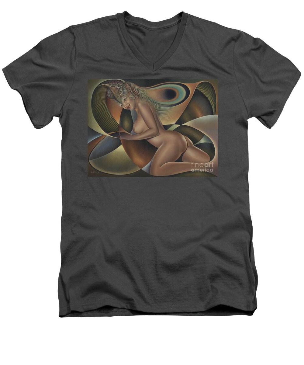 Nude-art Men's V-Neck T-Shirt featuring the painting Dynamic Queen 4 by Ricardo Chavez-Mendez