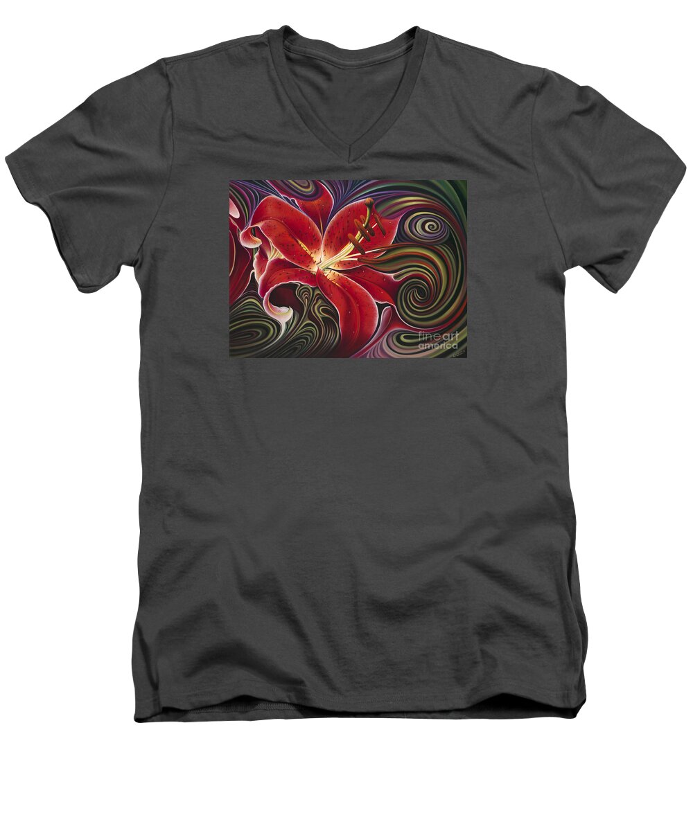 Lily Men's V-Neck T-Shirt featuring the painting Dynamic Reds by Ricardo Chavez-Mendez