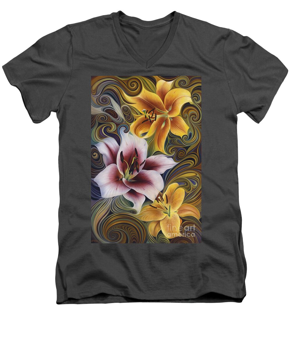 Flowers Men's V-Neck T-Shirt featuring the painting Dynamic Triad by Ricardo Chavez-Mendez