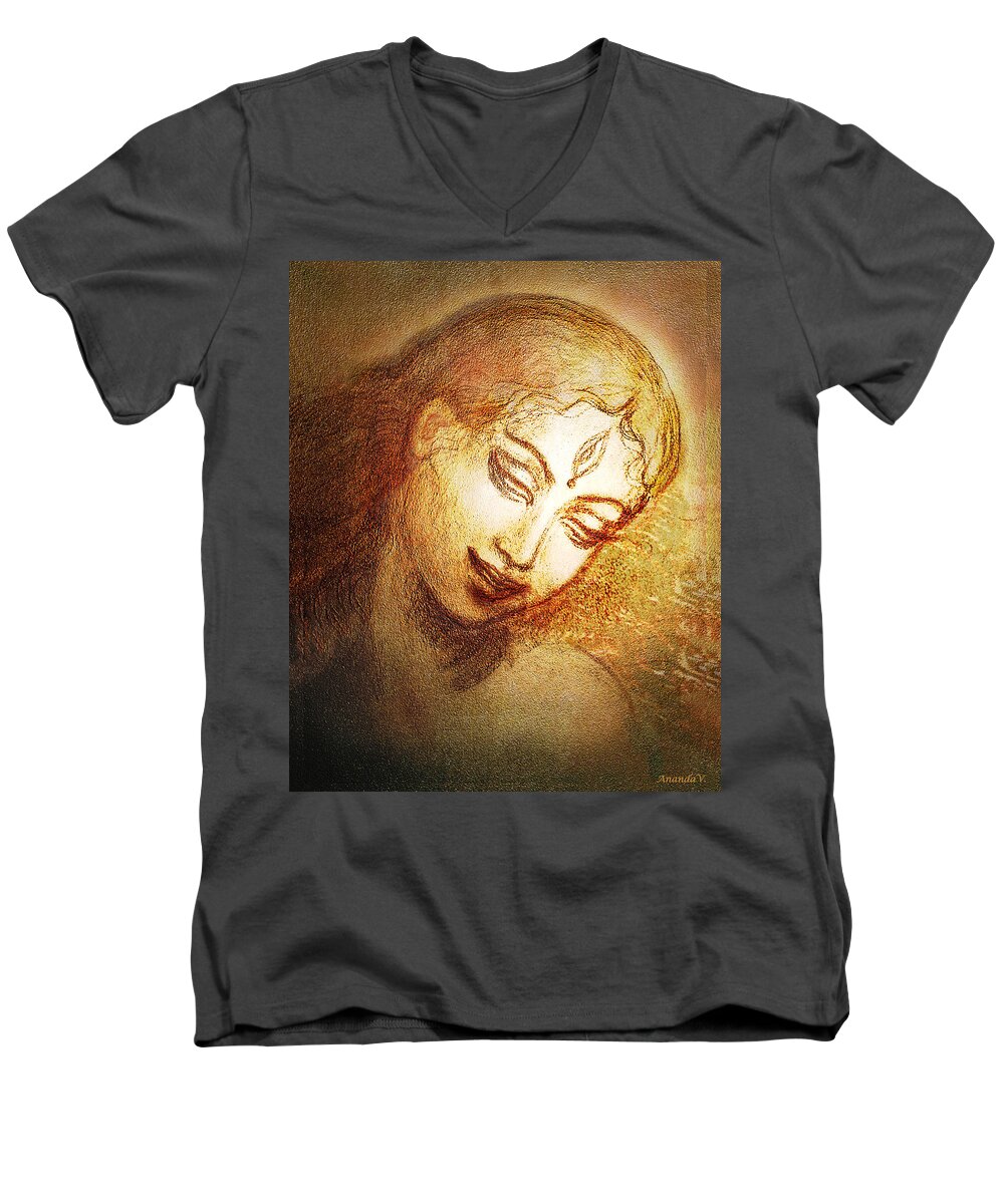 Goddess Men's V-Neck T-Shirt featuring the mixed media Ecstasy by Ananda Vdovic