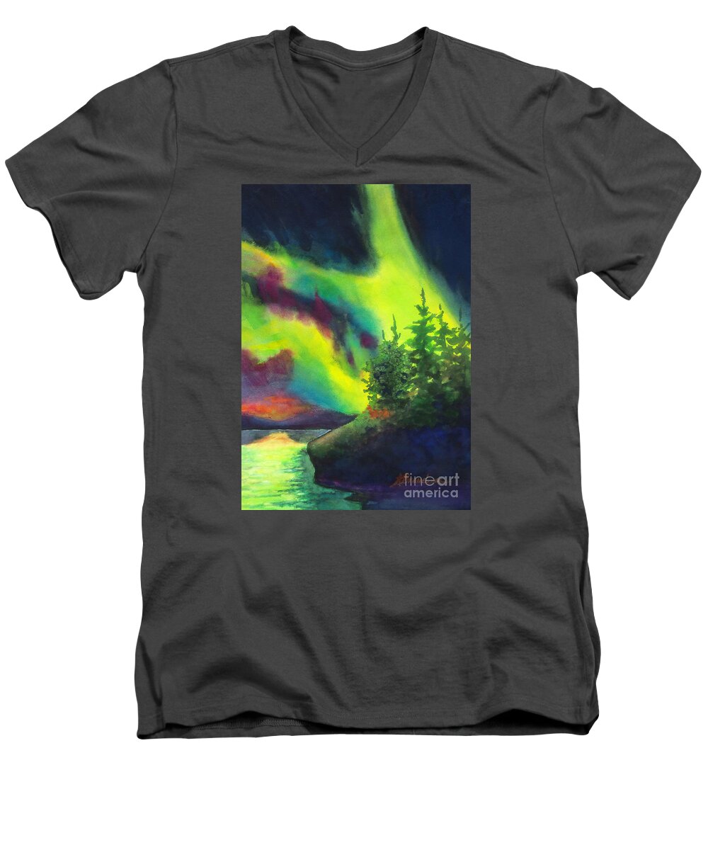 Painting Men's V-Neck T-Shirt featuring the painting Electric Green in the Sky 2 by Kathy Braud