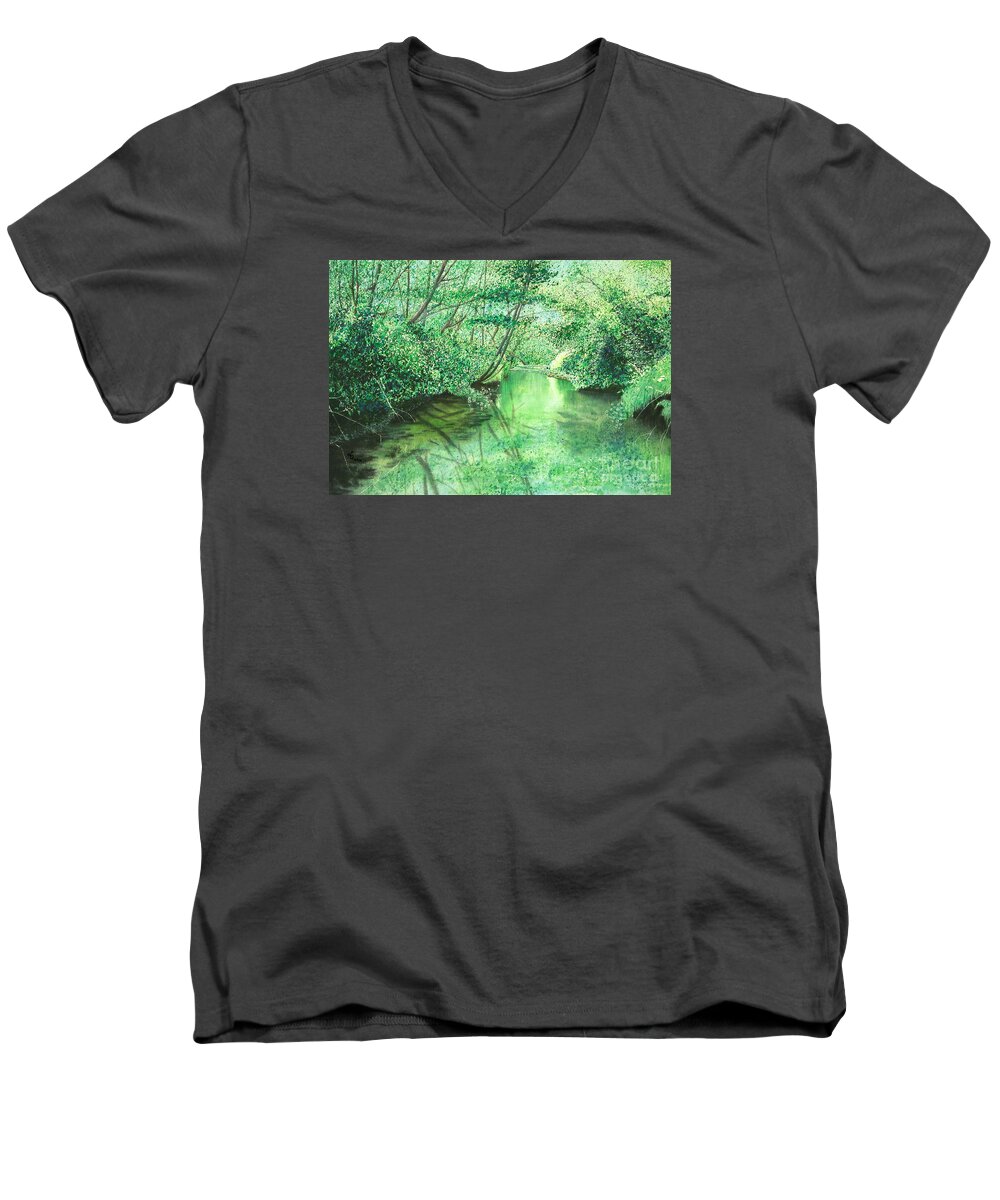 Landscape Men's V-Neck T-Shirt featuring the painting Emerald Stream by Lynn Quinn