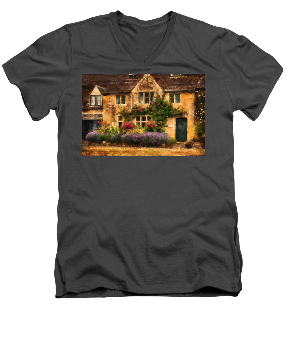 England Men's V-Neck T-Shirt featuring the painting English Stone Cottage by Diane Chandler