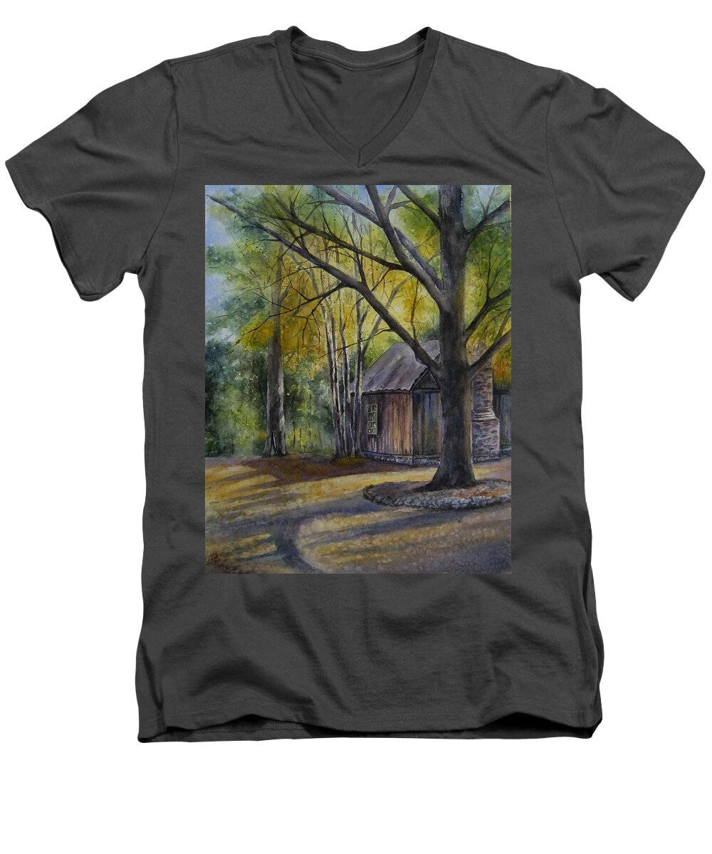 Cabin Men's V-Neck T-Shirt featuring the painting Eulah's Gold by Mary McCullah