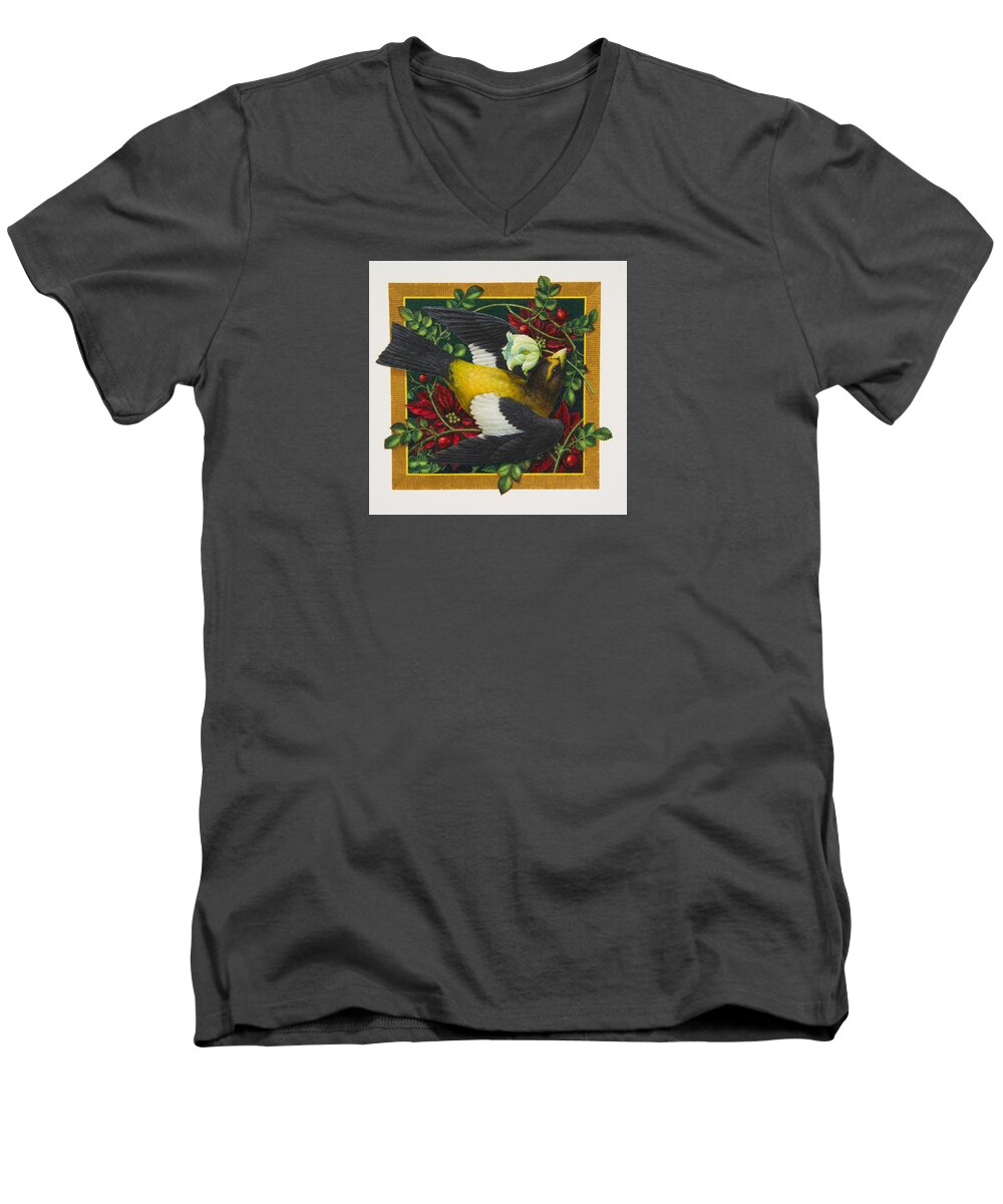 Christmas Men's V-Neck T-Shirt featuring the painting Evening Grosbeak by Lynn Bywaters