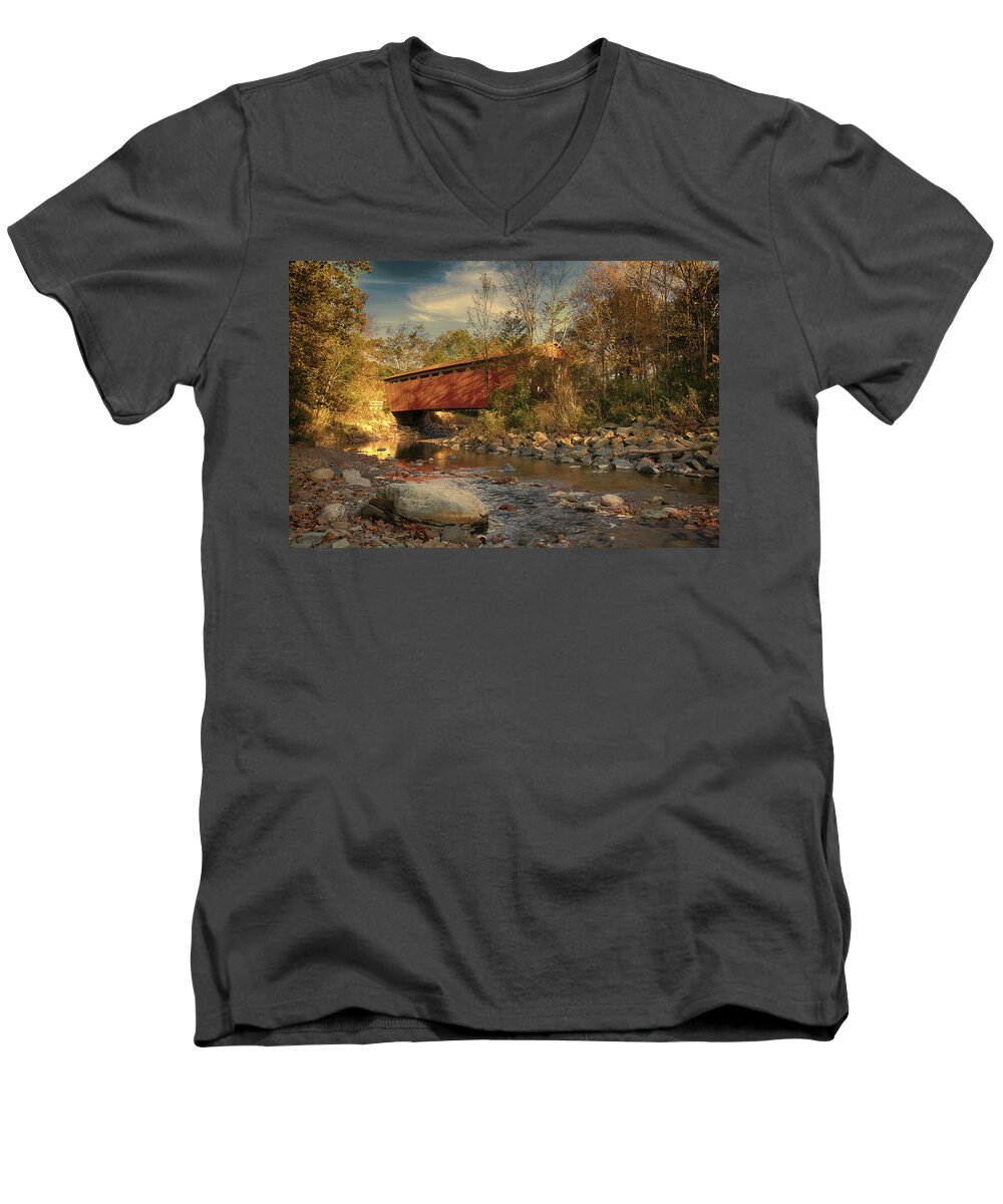 Cvnp Men's V-Neck T-Shirt featuring the photograph Everett Rd Summit County Ohio Covered Bridge Fall by Jack R Perry