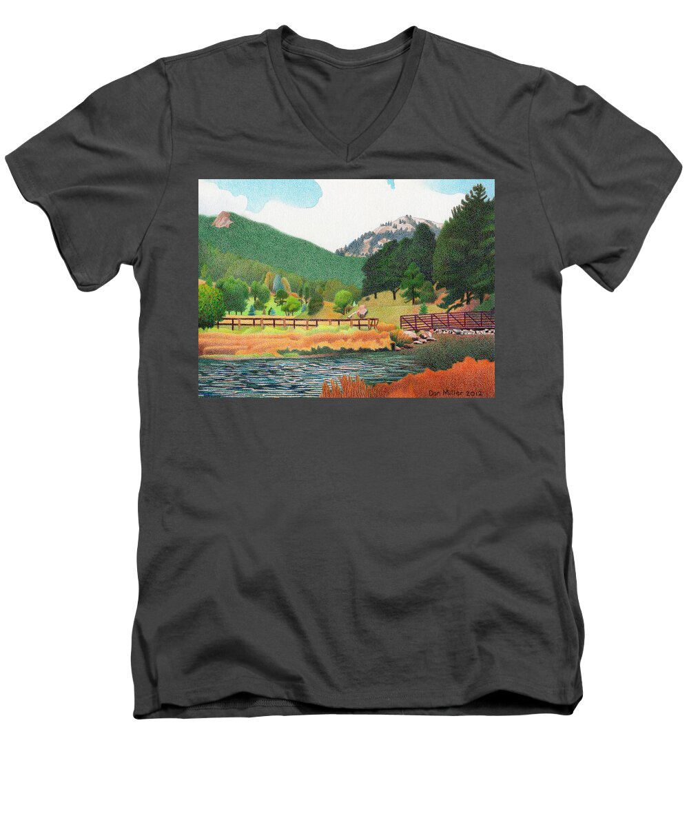 Art Men's V-Neck T-Shirt featuring the drawing Evergreen Lake Spring by Dan Miller
