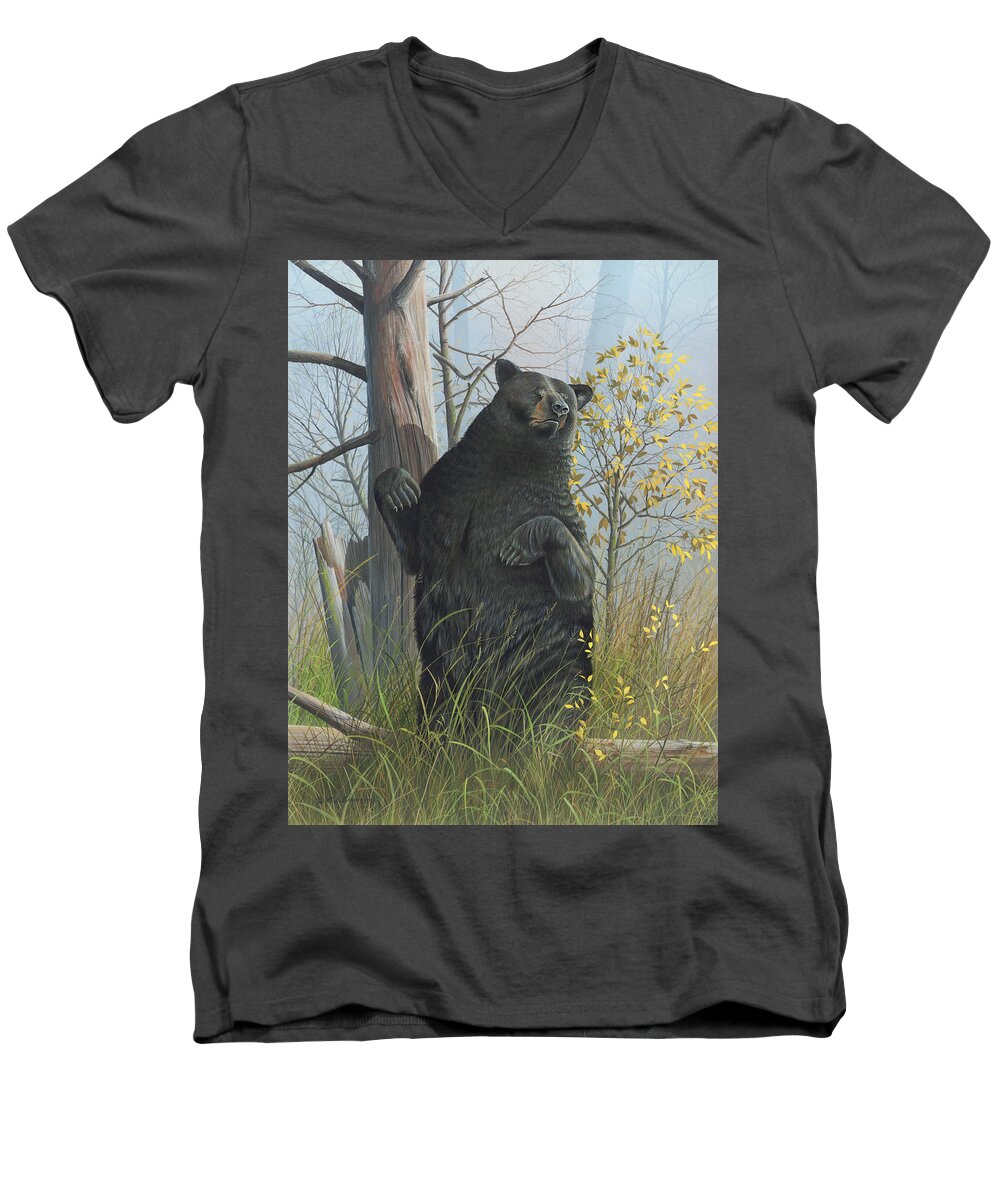 Black Bear Men's V-Neck T-Shirt featuring the painting Fair Warning by Mike Brown
