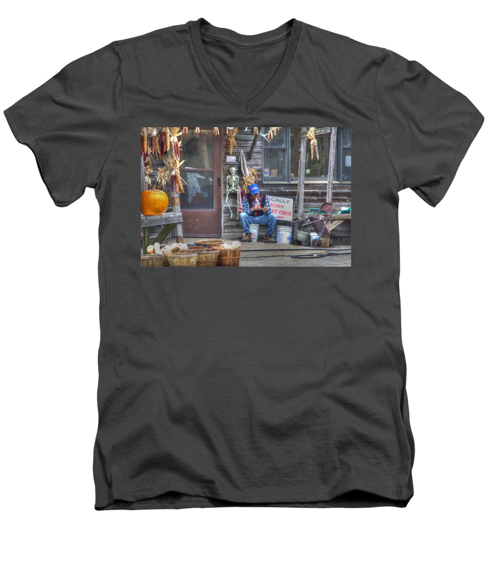 Farmer Men's V-Neck T-Shirt featuring the photograph Fall Farmer's Market by Jim Shackett