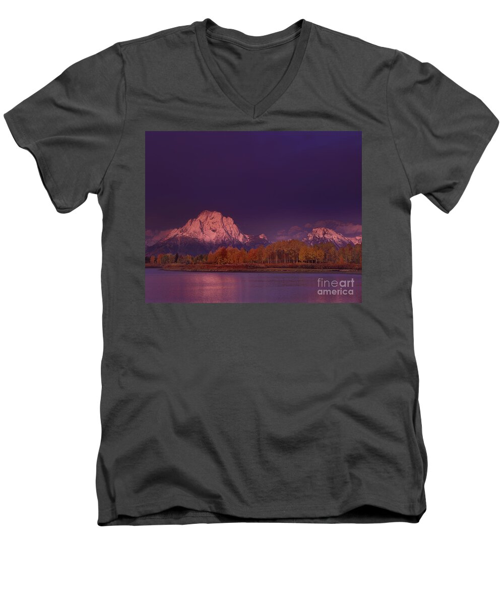 Grand Tetons National Park Men's V-Neck T-Shirt featuring the photograph Fall Sunrise at Oxbow Bend Grand Tetons National Park by Dave Welling