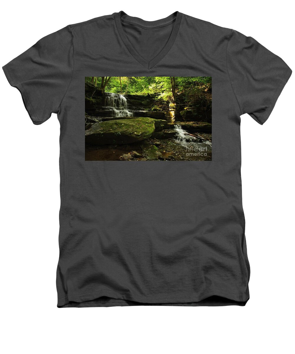 Waterfall Men's V-Neck T-Shirt featuring the photograph Fallsbrook Falls by Debra Fedchin