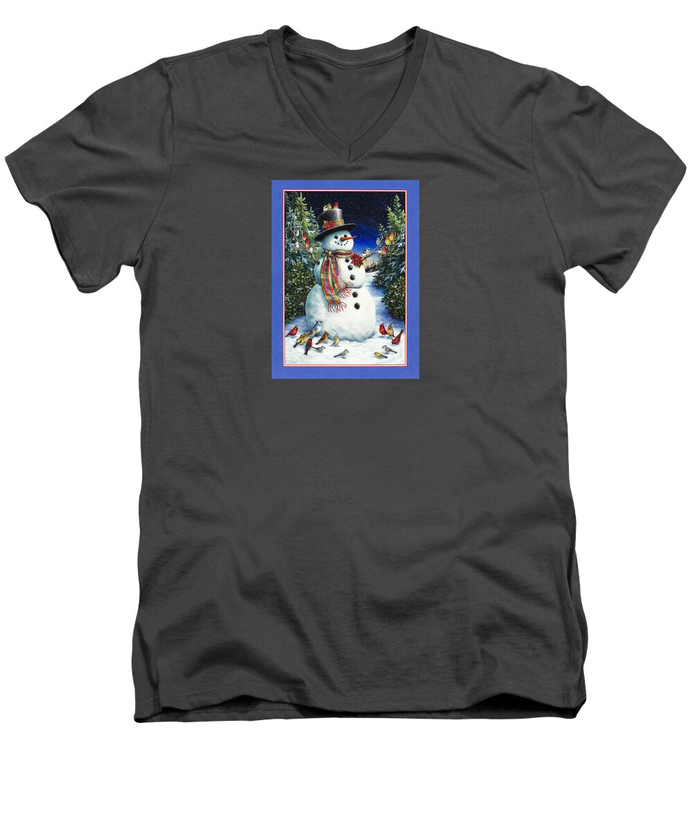 Snowman Men's V-Neck T-Shirt featuring the painting Feathered Friends by Lynn Bywaters