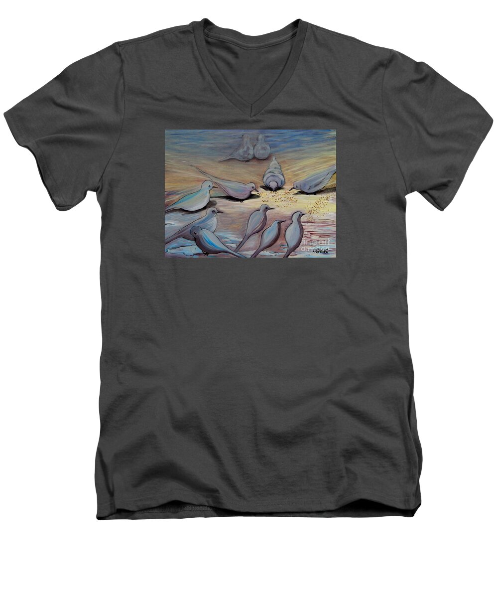Birds Men's V-Neck T-Shirt featuring the painting Feed the Birds by Caroline Street