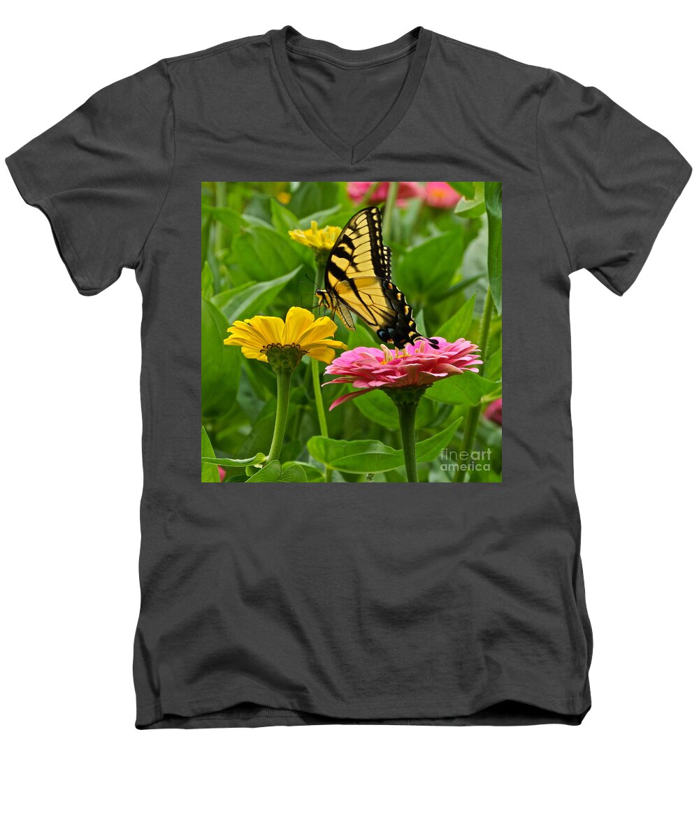 Emale Tiger Swallowtail And Zinnia Men's V-Neck T-Shirt featuring the photograph Female Tiger Swallowtail Butterfly With Pink And Yellow Zinnias by Byron Varvarigos