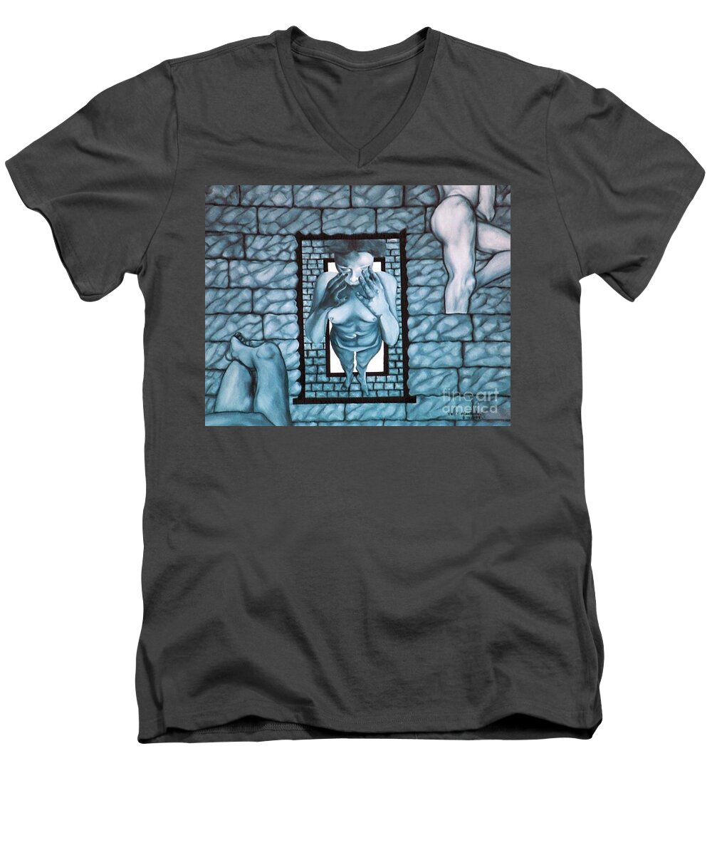 Surrealism Men's V-Neck T-Shirt featuring the painting Female's Gray World by Fei A