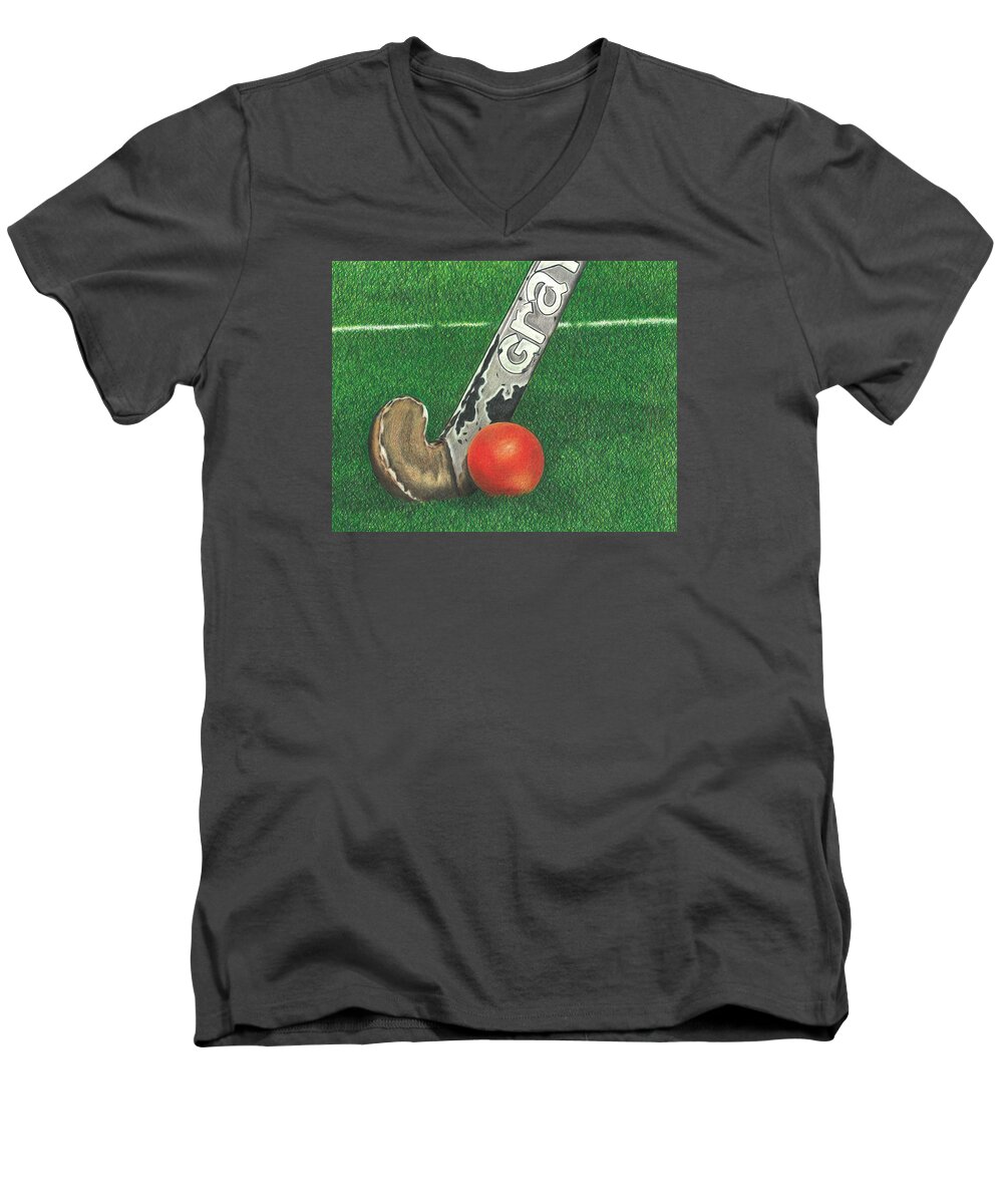 Field Hockey Men's V-Neck T-Shirt featuring the drawing Field Hockey by Troy Levesque