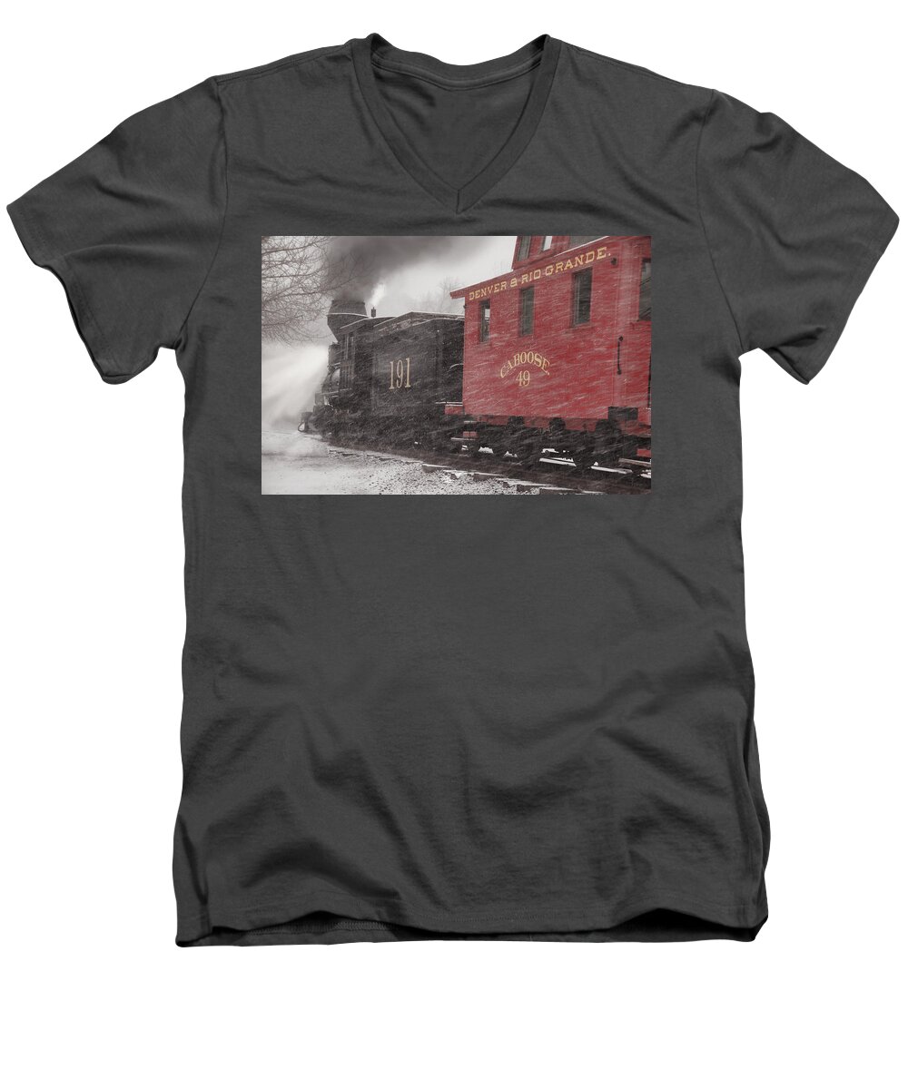 Steam Train Men's V-Neck T-Shirt featuring the photograph Fighting through the Winter Storm by Ken Smith