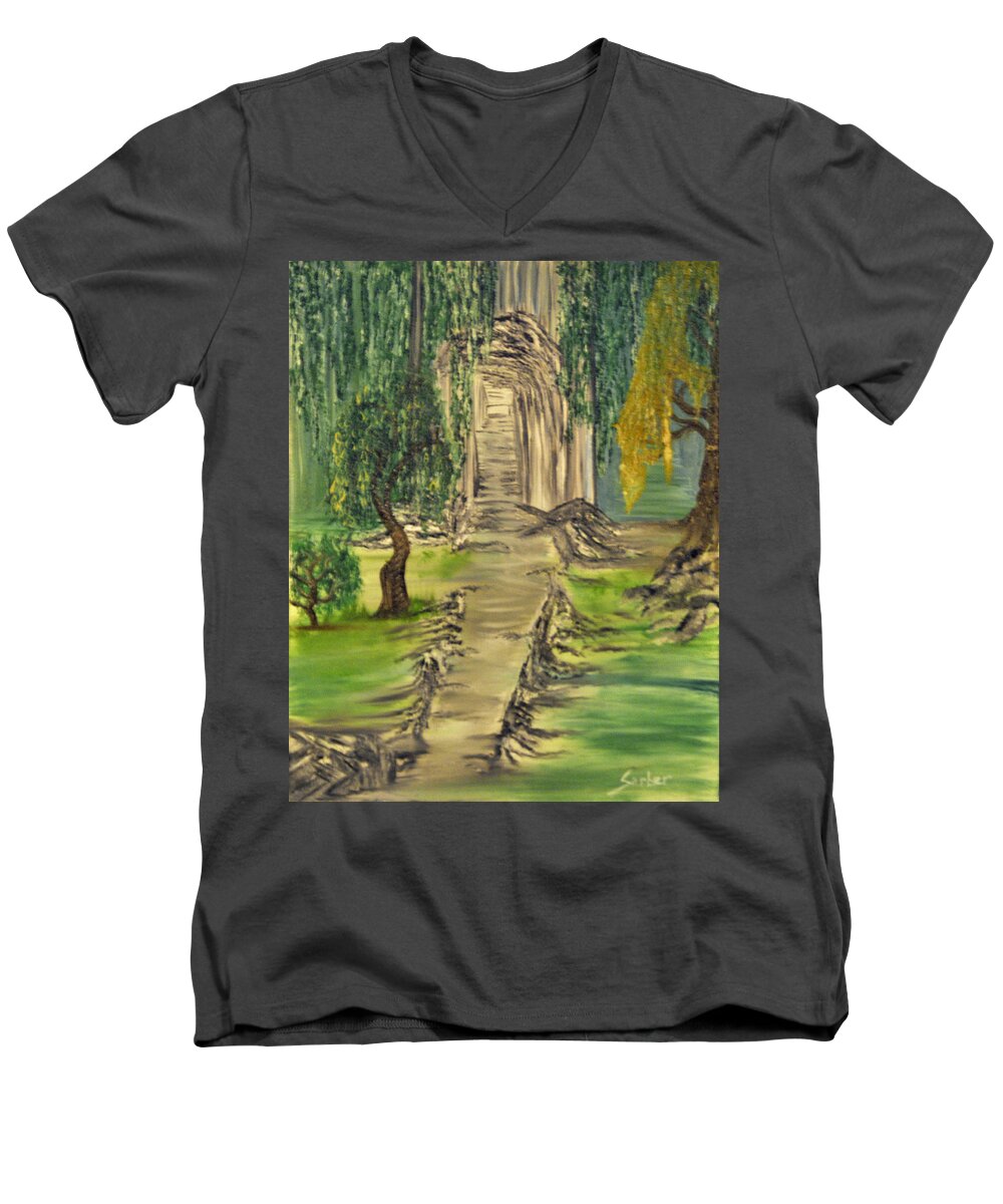Landscape Men's V-Neck T-Shirt featuring the painting Finding our Path by Suzanne Surber