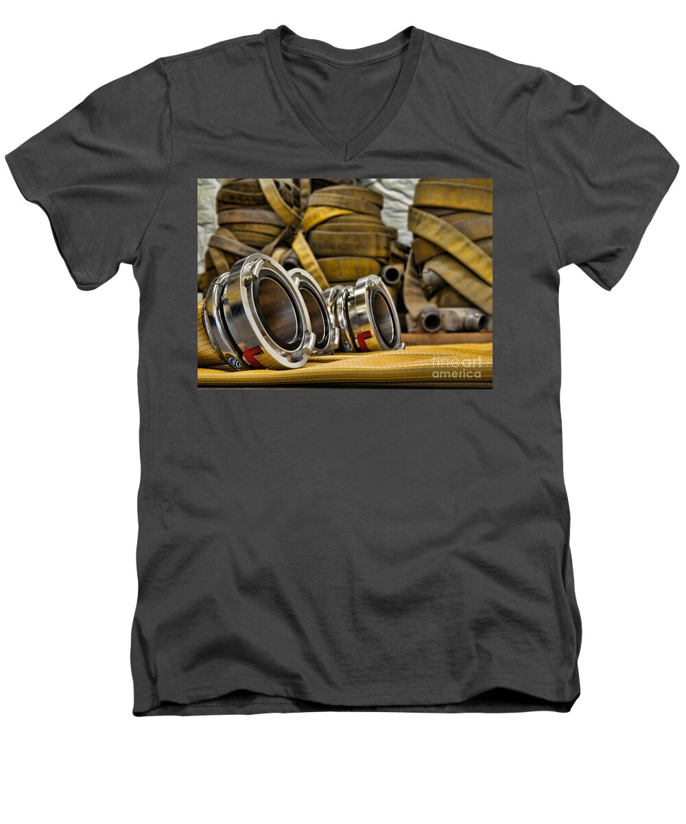 Fire Men's V-Neck T-Shirt featuring the photograph Fire Hoses by Susan Cliett