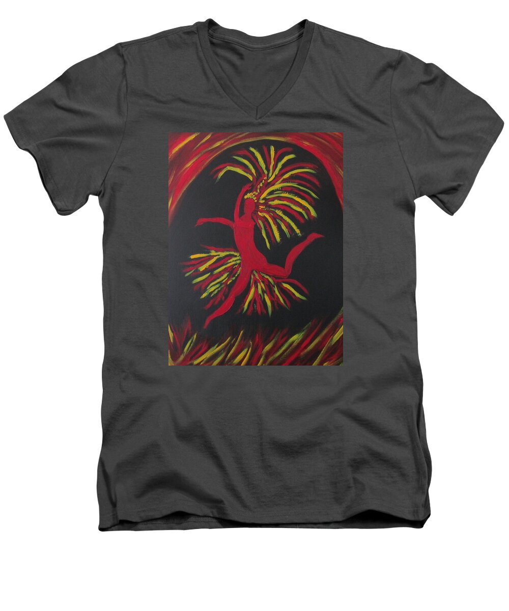 Abstract Symphony Music Ballet Fire Ethereal Bird Red Black Yellow Men's V-Neck T-Shirt featuring the painting Firebird by Sharyn Winters