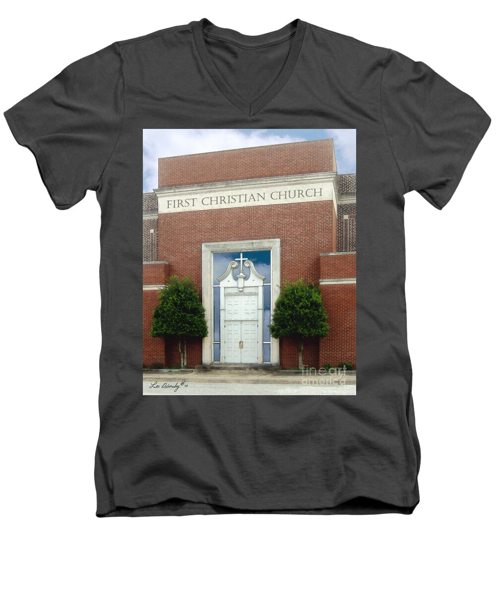 Historic Churches Men's V-Neck T-Shirt featuring the photograph First Christian Church by Lee Owenby