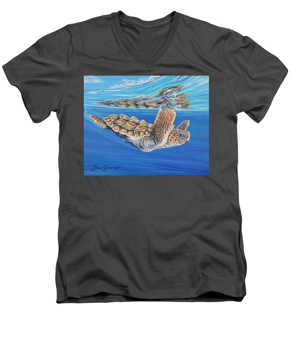 Ocean Men's V-Neck T-Shirt featuring the painting First Dive by Jane Girardot