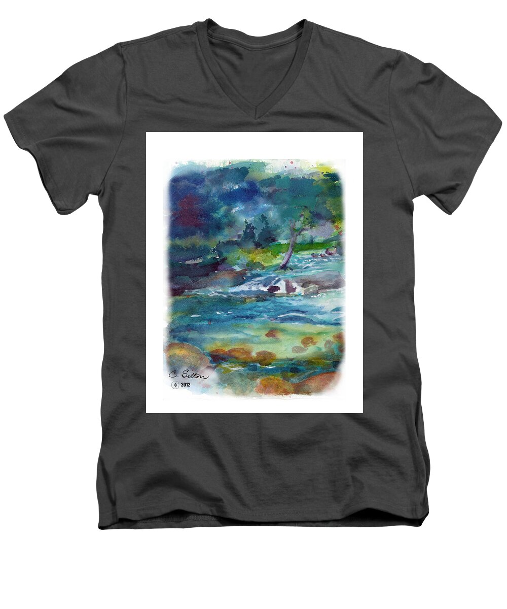 C Sitton Painting Paintings Men's V-Neck T-Shirt featuring the painting Fishin' Hole 2 by C Sitton