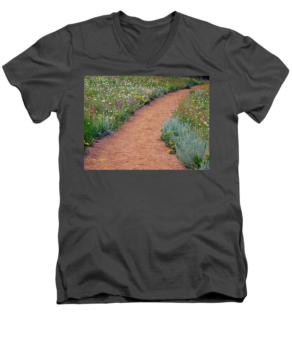 Wild Flowers Nature Landscape Hiking Path Colorado Rocky Mountains Men's V-Neck T-Shirt featuring the photograph Flower path by George Tuffy