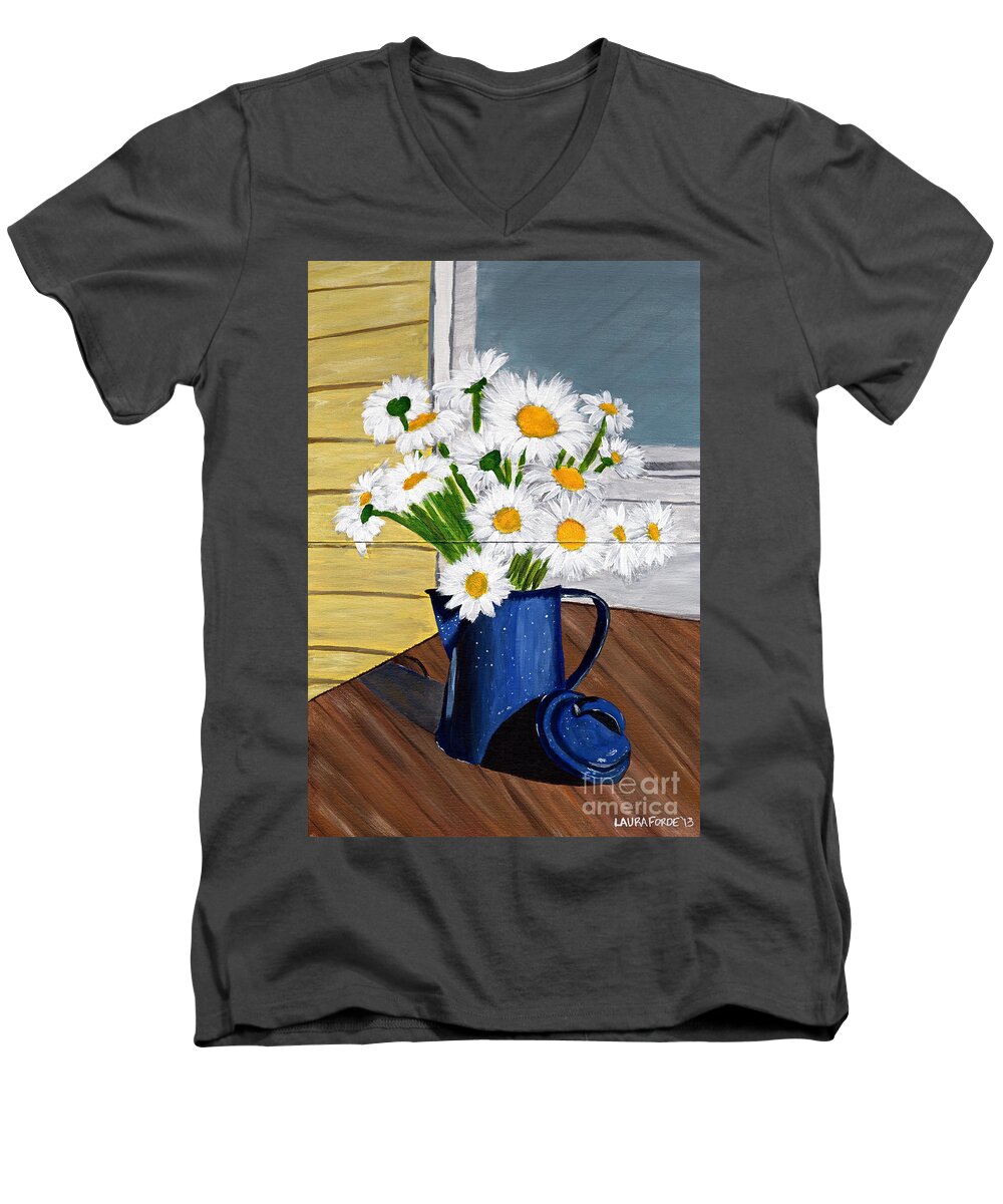 Flowers Men's V-Neck T-Shirt featuring the painting Flowers in a teapot by Laura Forde