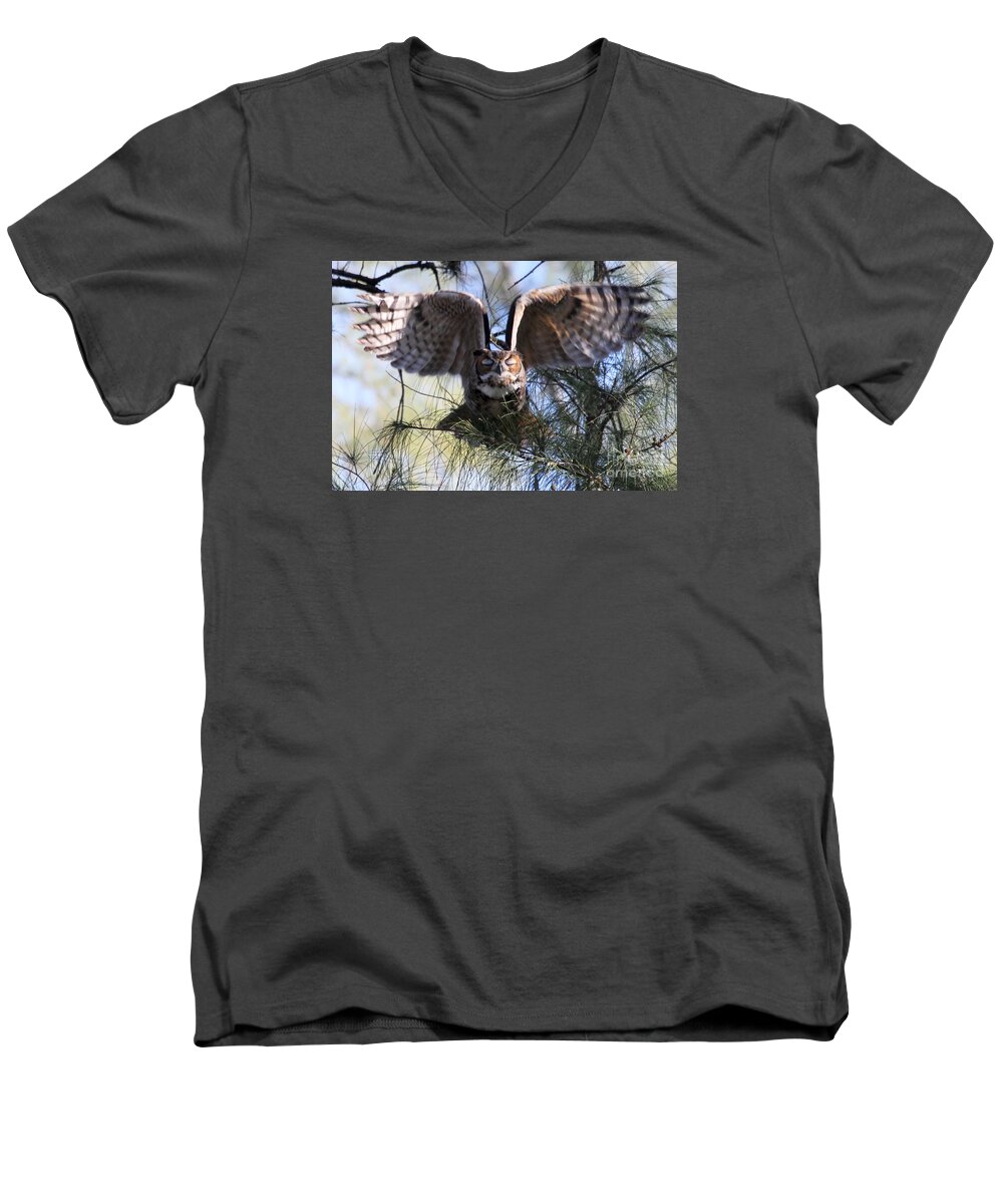 Great Horned Owl Men's V-Neck T-Shirt featuring the photograph Flying Blind - Great Horned Owl by Meg Rousher