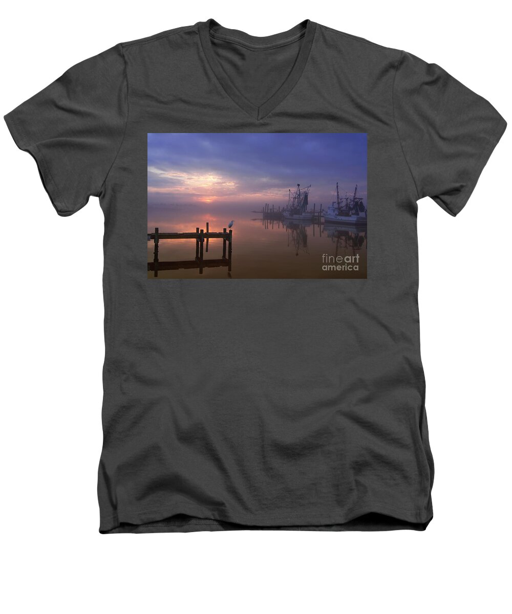 Swansboro North Carolina Men's V-Neck T-Shirt featuring the photograph Foggy Sunset over Swansboro by Benanne Stiens
