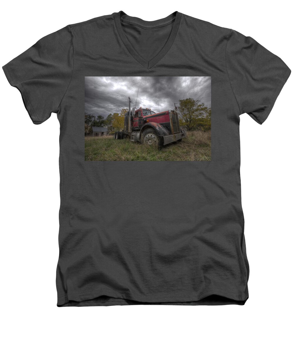 Semi Men's V-Neck T-Shirt featuring the photograph Forgotten Big Rig 2014 V2 by Aaron J Groen