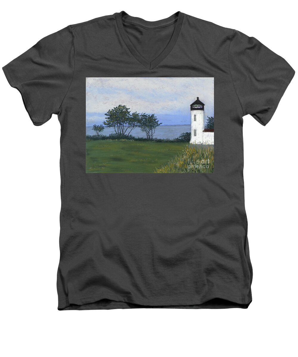 Camp Casey Men's V-Neck T-Shirt featuring the painting Fort Casey Lighthouse by Ginny Neece