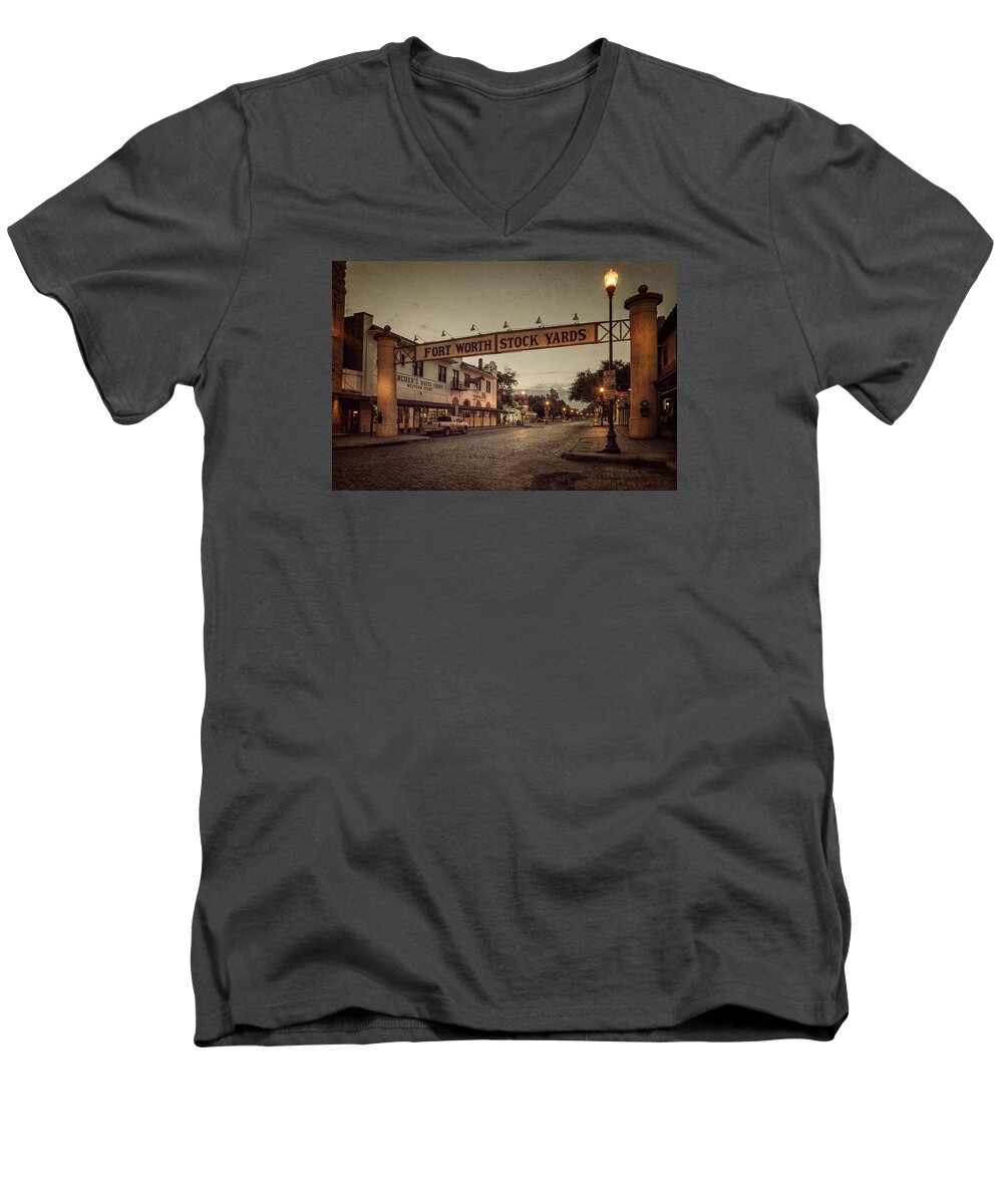 Stockyards Men's V-Neck T-Shirt featuring the photograph Fort Worth StockYards by Joan Carroll
