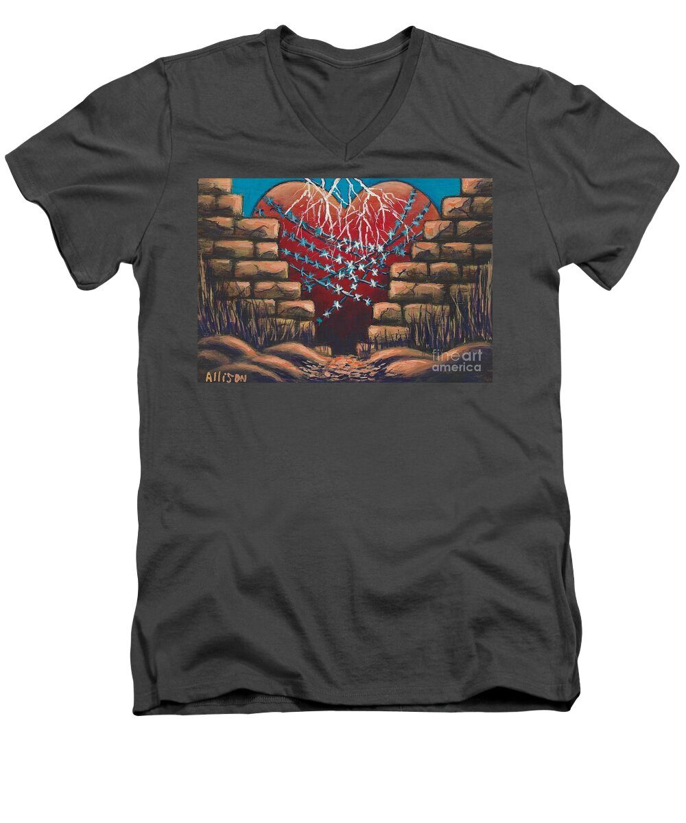 #heart #sting #music #fortressaroundyourheart Men's V-Neck T-Shirt featuring the painting Fortress Around Your Heart by Allison Constantino