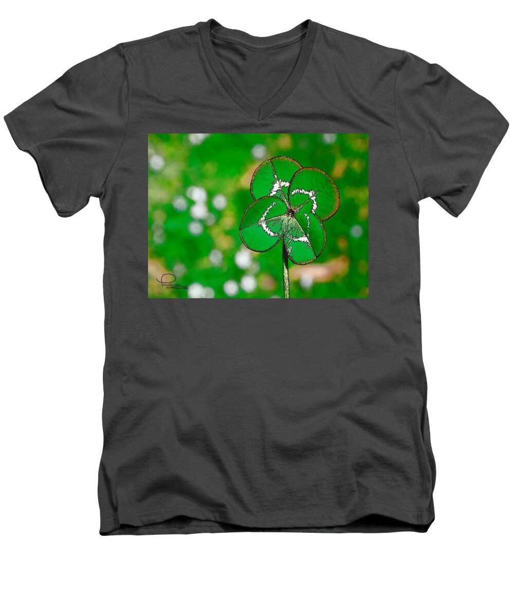 Clover Men's V-Neck T-Shirt featuring the digital art Four Leaf Clover by Ludwig Keck
