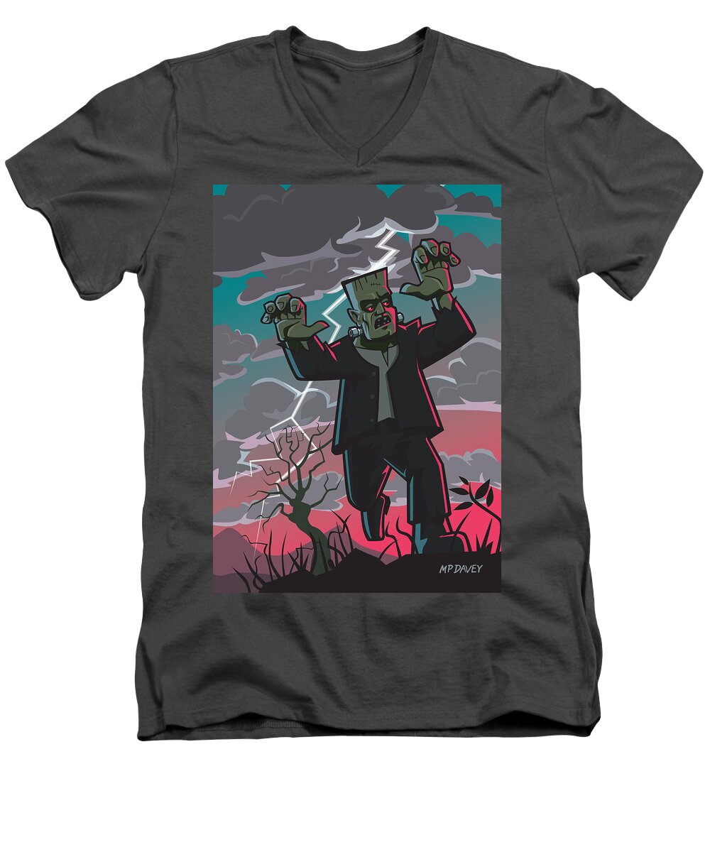 Frankenstein Men's V-Neck T-Shirt featuring the digital art Frankenstein Creature In Storm by Martin Davey
