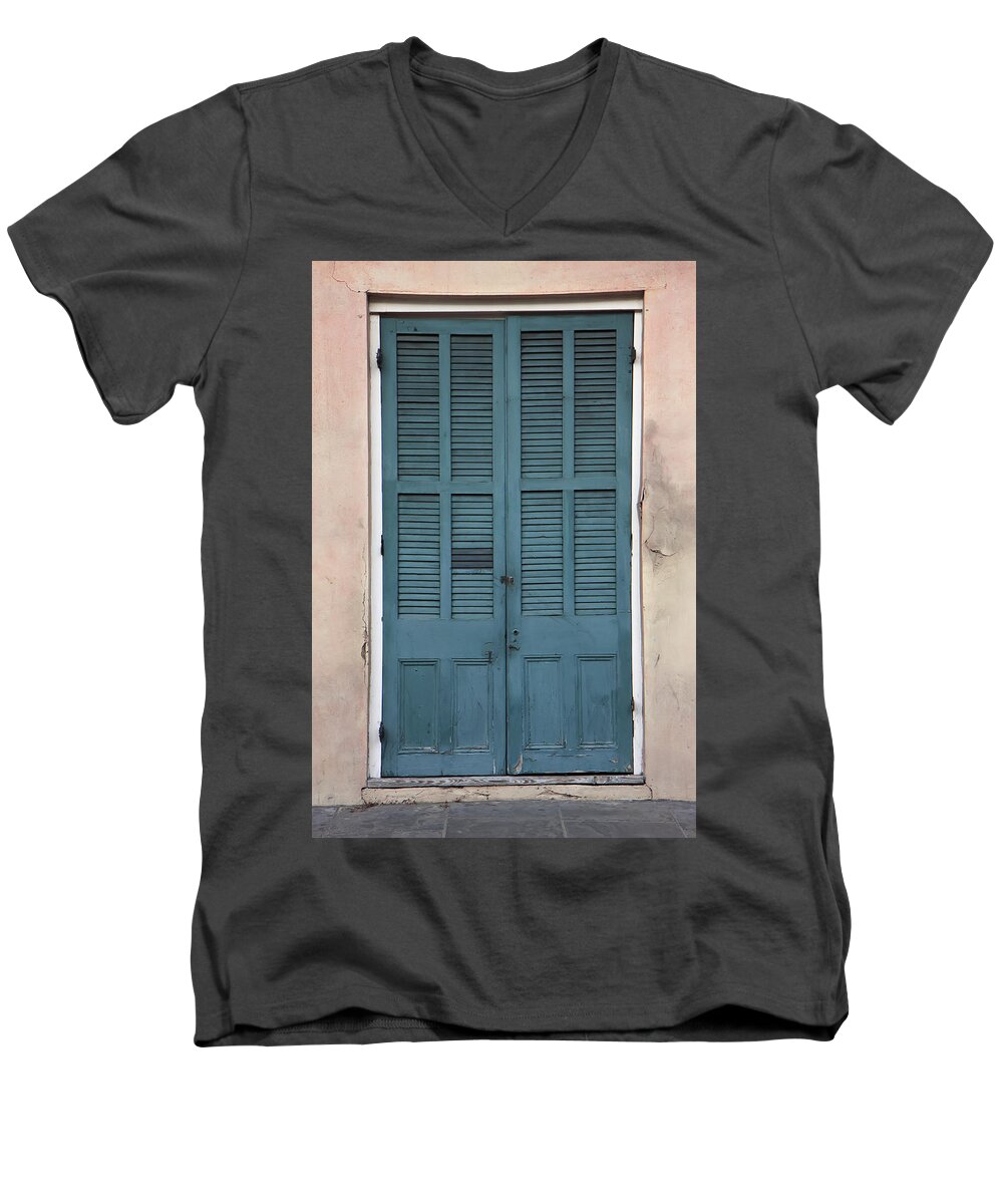 Kg Men's V-Neck T-Shirt featuring the photograph French Quarter Doors by KG Thienemann