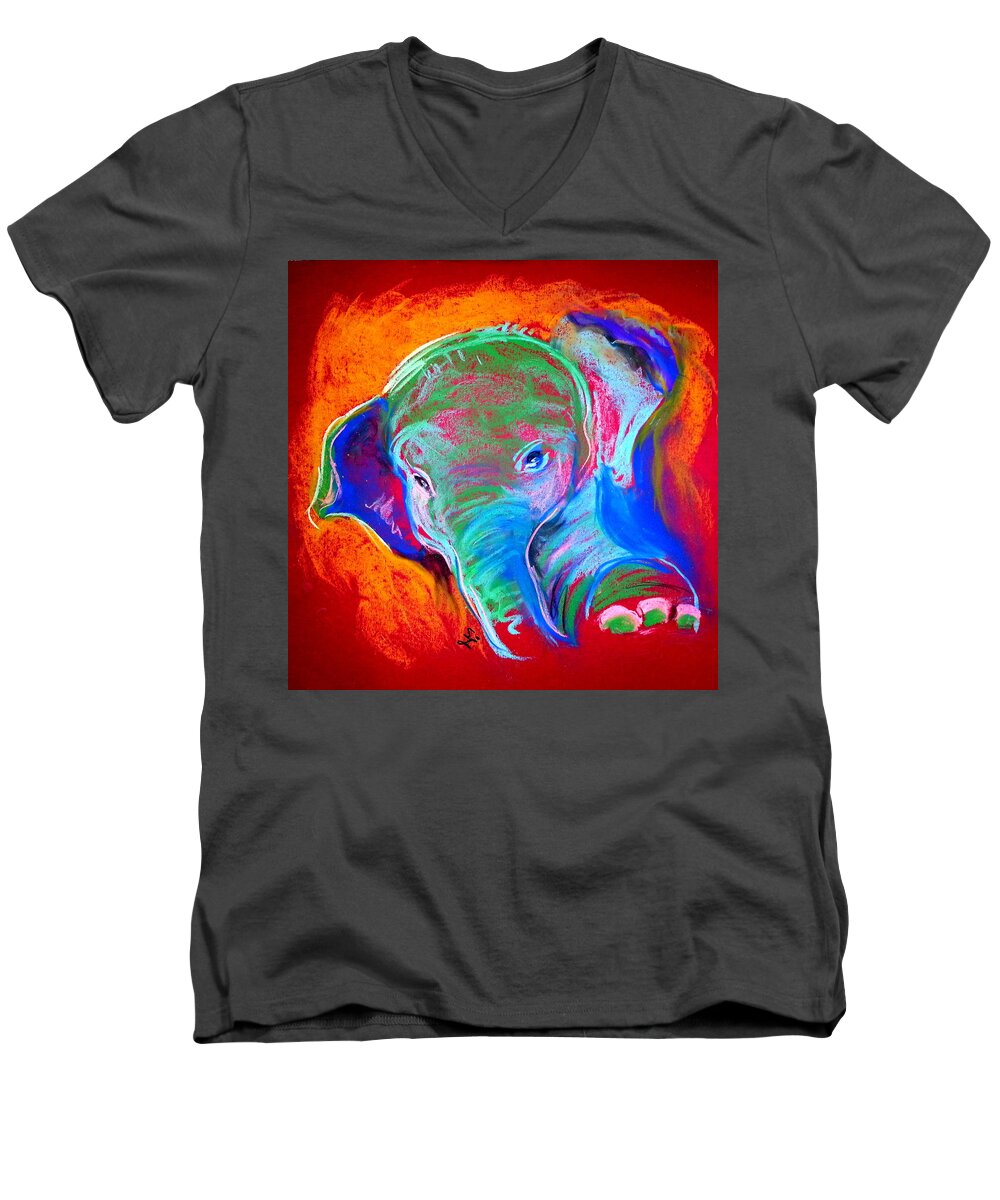 Elephant Men's V-Neck T-Shirt featuring the painting Funky Baby Elephant Blue by Sue Jacobi
