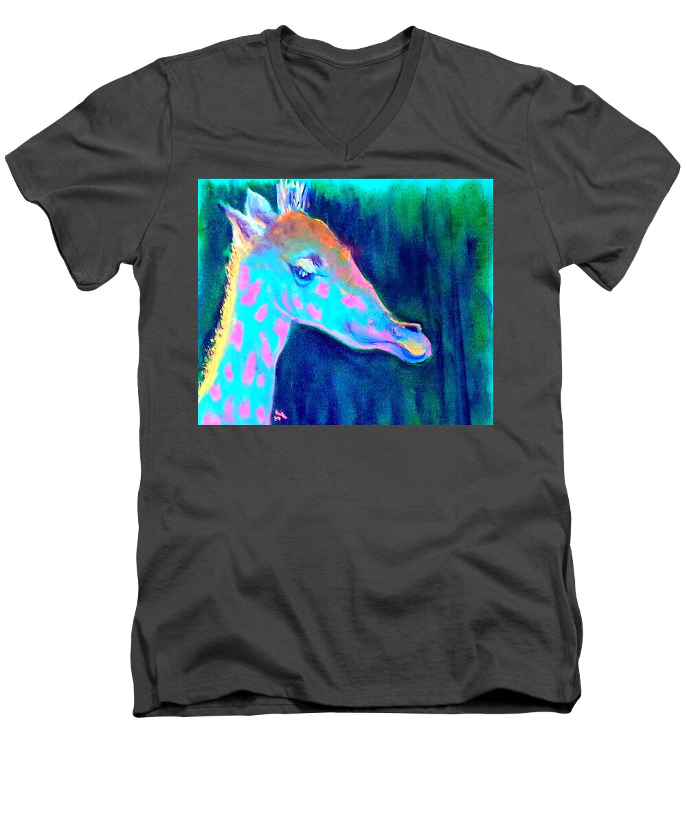 Animals Men's V-Neck T-Shirt featuring the painting Funky Blue Giraffe Smile by Sue Jacobi